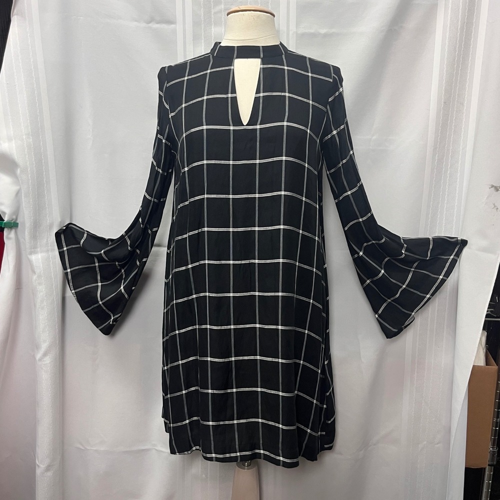 Loft Whimsigoth Witchy Fairygoth Black White Plaid Shift Dress Small NWT Office